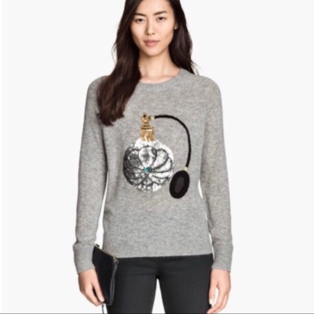 H&M | Gray Sequin Perfume Bottle Sweater